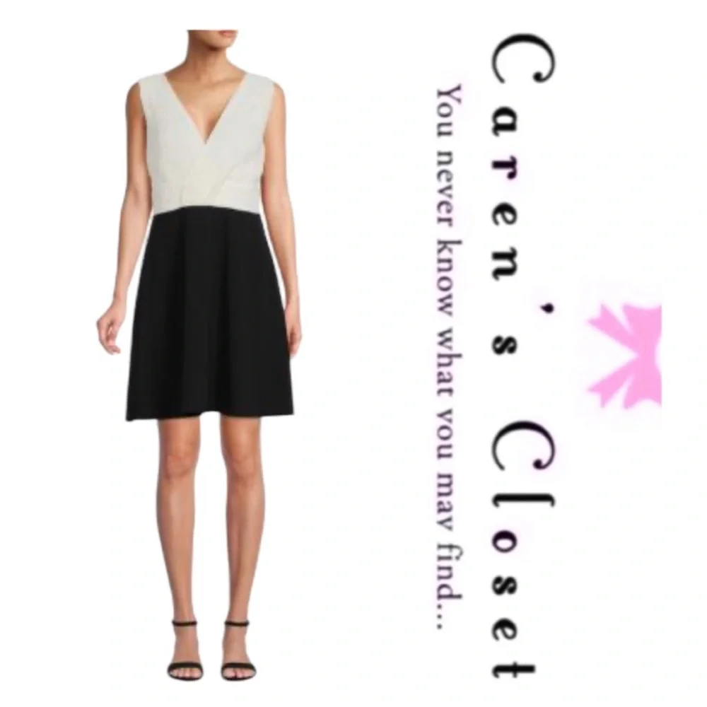 DKNY Black & White Chiffon Stretch Knit Cocktail Skater Fit & Flare Dress - Picture 5 of 16